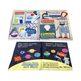 Inside pages of crinkly cloth baby newspaper with illustrations and rhyming text relating to science and the planets