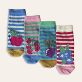 Pack of 4 baby socks with fruits on each including apples, blueberries, beetroot and tomatoes. The socks are striped, with a pop of colour
