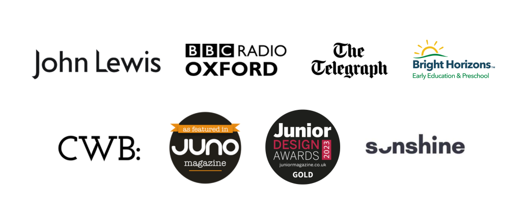 Image of logos showing where Ducky Zebra has featured, including the BBC, The Telegraph and The Times