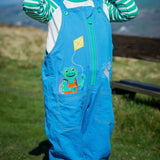 A close up of a frog appliqué peaking out of a pocket on a pair of blue Ducky Zebra child dungarees