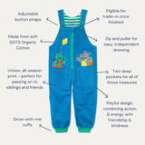 Image of unisex Kids' dungarees by Ducky Zebra with benefits listed, including zip and puller, two deep pockets, grow-with-me cuffs, adjustable button straps etc.