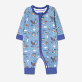 Baby zip Sleepuit with a fun print featuring animals from Roald Dahl stories, including the newt from "Matilda," Alfie the tortoise from "Esio Trot," and Muggle-Wump the monkey from "The Twits". The print is on a forget-me-not background with a purple trim.