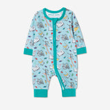 Organic cotton zip-up baby sleepsuit, with a fun print, featuring characters from "The Giraffe and the Pelly and Me" leaping from the pages. The print is on a light aqua background with a turquoise trim.