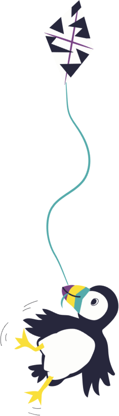 Illustration of a puffin holding a kite on a white background