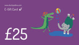 Image of a purple Ducky Zebra E-gift voucher with the value £25 written and a picture of a crocodile and elephant splashing in water and playing with a ball