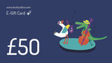 Image of a blue Ducky Zebra E-gift voucher with the value £50 written and a picture of a crocodile and duck playing the bass guitar and saxophone