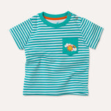 Image of a turquoise stripe baby and kids t-shirt, with two orange poppers on the shoulder and a turquoise pocket on the chest with a sun, cloud and rainbow print