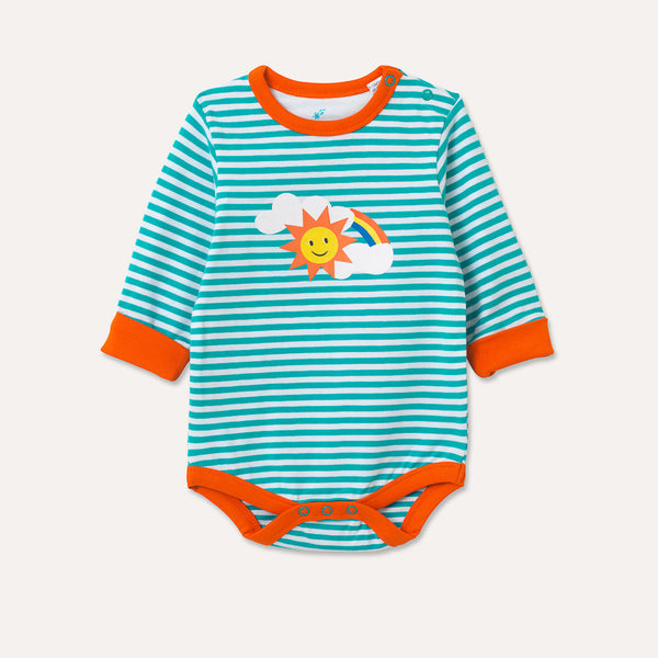Image of long sleeve turquoise stripe bodysuit with flame orange trim and roll-up arm cuffs. The image shows the front of the bodysuit, including two turquoise poppers on the neck, three turquoise poppers on the crotch and a sun, rainbow and cloud print on the chest