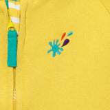 Close up image of the Ducky Zebra splash power button, made up from turquoise, orange and purple thread