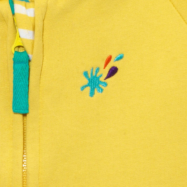 Close up image of the Ducky Zebra splash power button, made up from turquoise, orange and purple thread