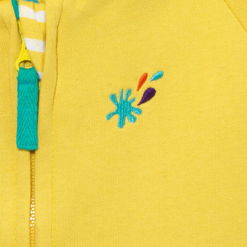 Close up image of the Ducky Zebra splash power button, made up from turquoise, orange and purple thread