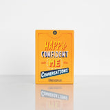 Image of the bright yellow front of the Happy Confident Me Conversation Cards