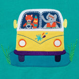 Colourful Appliqué of a fox and elephant driving a yellow campervan. The campervan has the Ducky Zebra splash motif embroidered on the front.