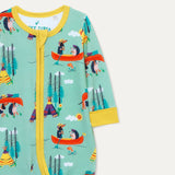 Close up image of unisex Ducky Zebra baby romper, with a light green background and repeat print pattern of a dog and hedgehog rowing and carrying their boat. 