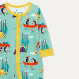 Close up image of unisex Ducky Zebra baby romper, with a light green background and repeat print pattern of a dog and hedgehog rowing and carrying their boat.