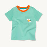 Image of a light green Ducky Zebra t-shirt with a contrasting orange trim on the neck. The t-shirt has a front pocket on the right hand side with a fun rainbow print.