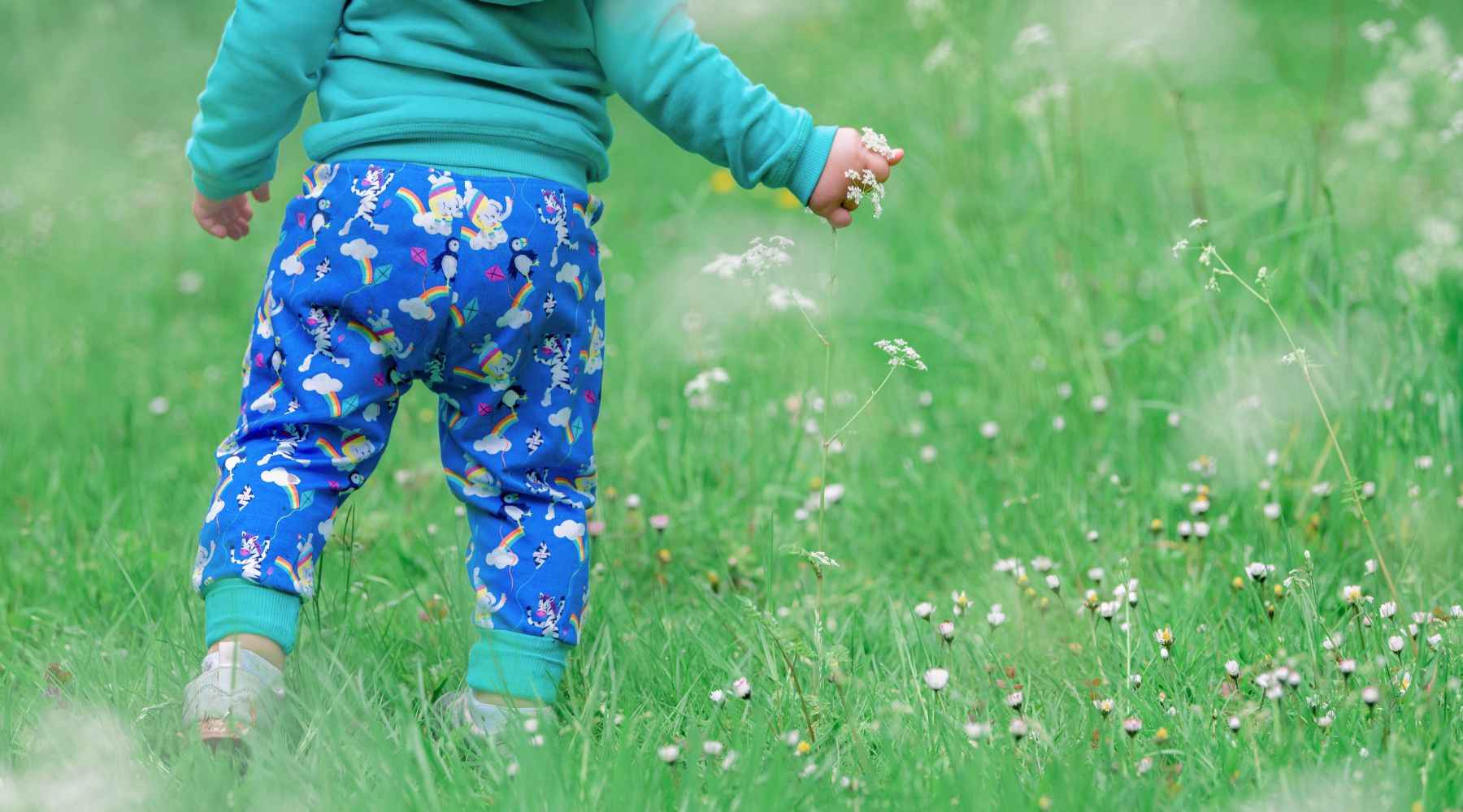 Image of toddler walking through the long grass, wearing Ducky Zebra joggers and hoodie
