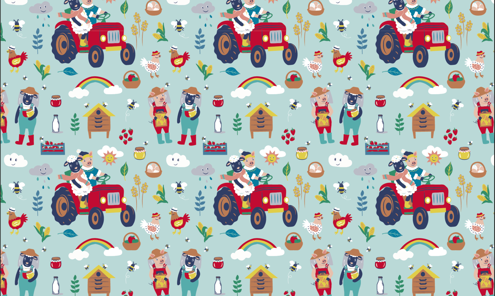 Image of Ducky Zebra fabric with tractors, a pig and sheep, bees, chickens, rainbows, strawberries, milk, eggs and corn.