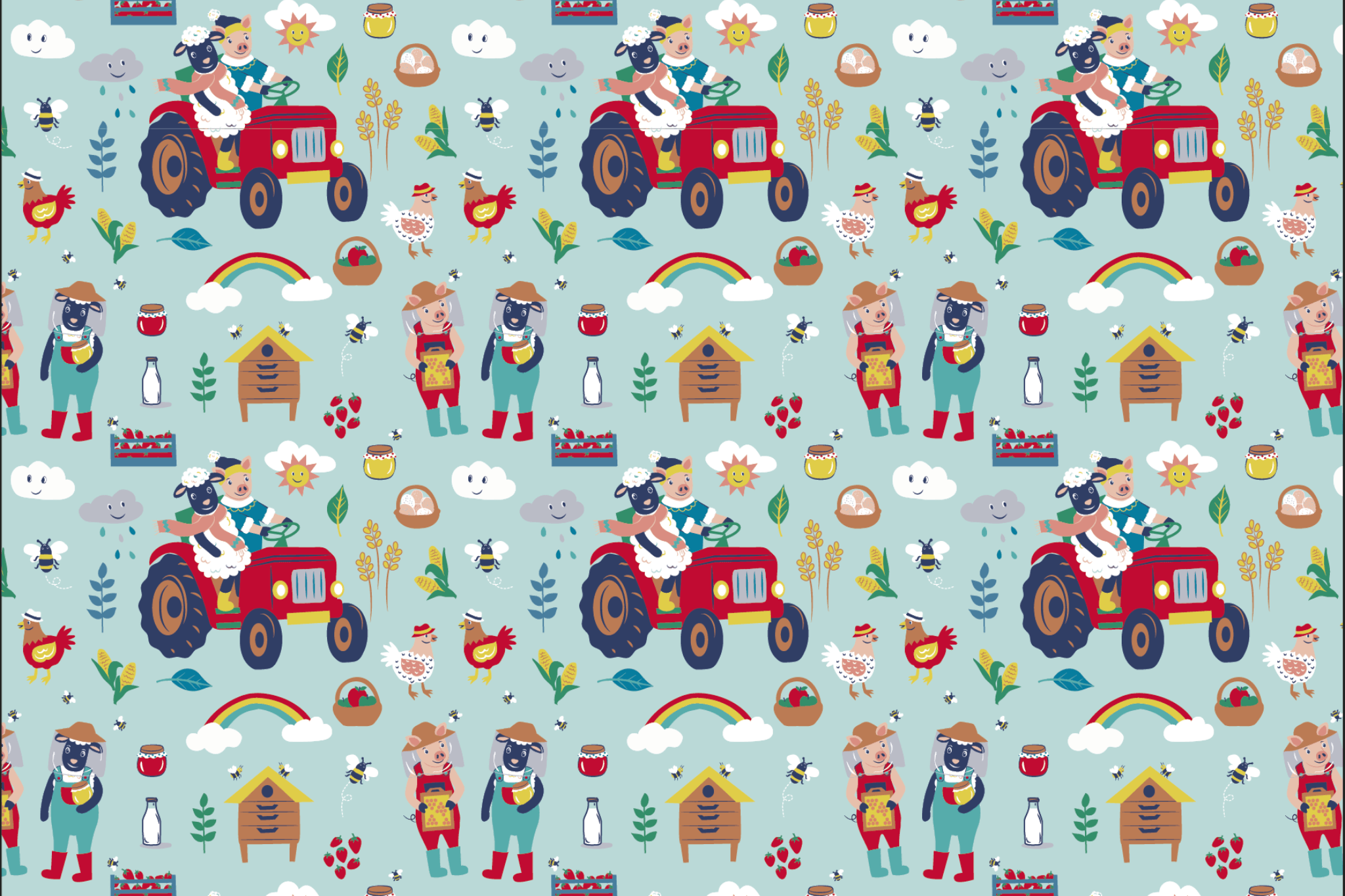 Image of Ducky Zebra fabric with tractors, a pig and sheep, bees, chickens, rainbows, strawberries, milk, eggs and corn.