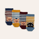 Four pairs of baby socks, with colourful stripes. Three have a pig on them and one has a wolf on it. 
