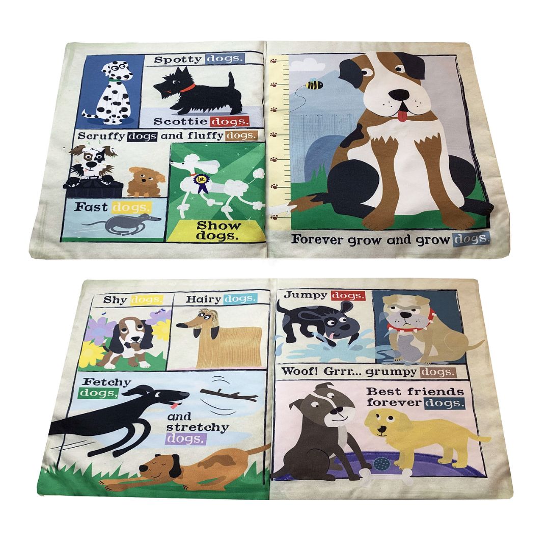 Inside pages of a baby's very first newspaper, with pictures of different dogs and rhyming words