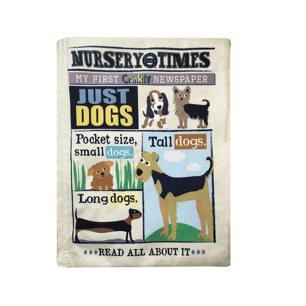 Picture of a baby's very first newspaper with 'Nursery Times' at the top and the name 'Just Dogs' below.