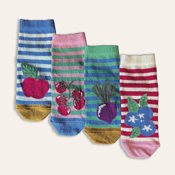 Pack of 4 baby socks with fruits on each including apples, blueberries, beetroot and tomatoes. The socks are striped, with a pop of colour