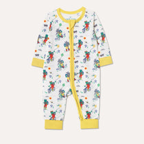 Cream Unisex Baby Sleepsuit with a hippo and frog walking and cycling on the Yorkshire Moors - made by Ducky Zebra