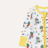 Close up of Ducky Zebra's Unisex Baby Sleepsuit with a hippo and frog walking and cycling on the Yorkshire Moors 
