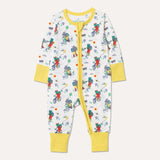 Ducky Zebra's Unisex Baby Sleepsuit with a hippo and frog walking and cycling on the Yorkshire Moors. The sleepsuit has a two way yellow zip. 