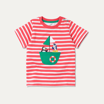Coral-pink and white striped t-shirt with a puffin and zebra sitting in a green sailboat. 