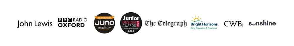 Image of logos showing where Ducky Zebra has featured, including John Lewis, BBC Radio, Juno Magazine, Junior Design Awards and The Telegraph