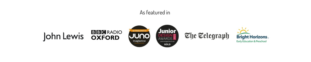 Image of logos of places that have featured Ducky Zebra including John Lewis, BBC Radio Oxford, The Telegraph, Junior Design Awards, Juno Magazine and Bright Horizons