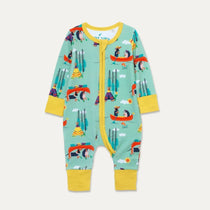 Green unisex baby sleepsuit with a repeat print pattern of a dog and hedgehog canoeing. The baby romper has a contrasting yellow 2-way zip and cuffs. 