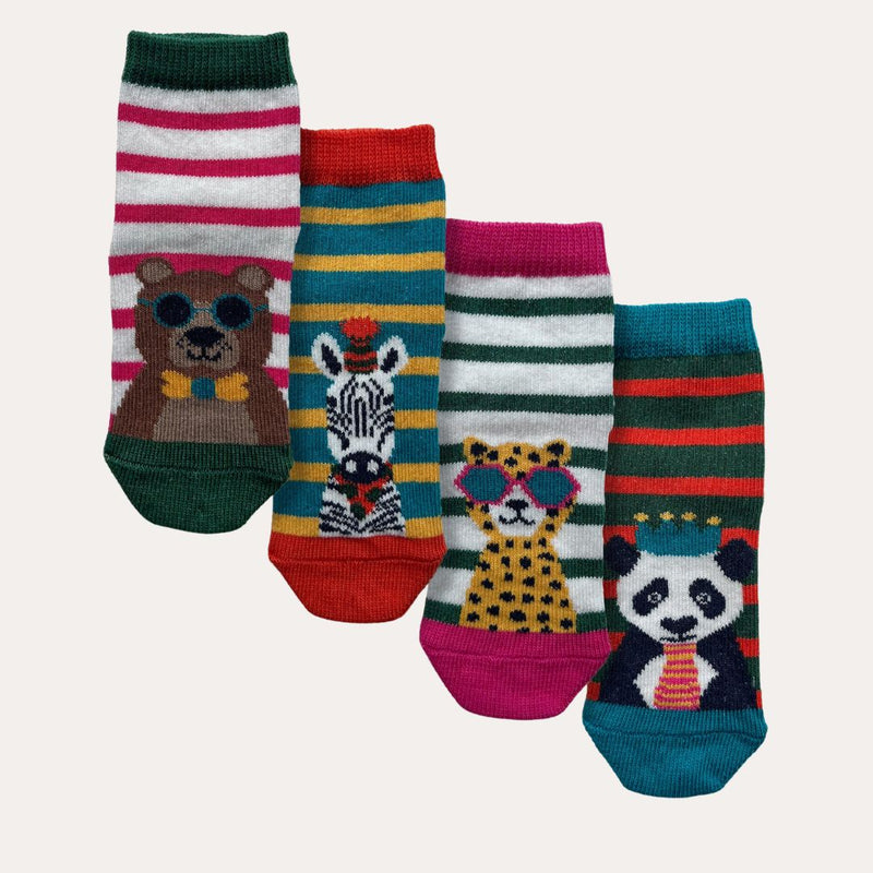 Colourful 4 pack baby cotton socks with zebras, leopards, pandas and bears