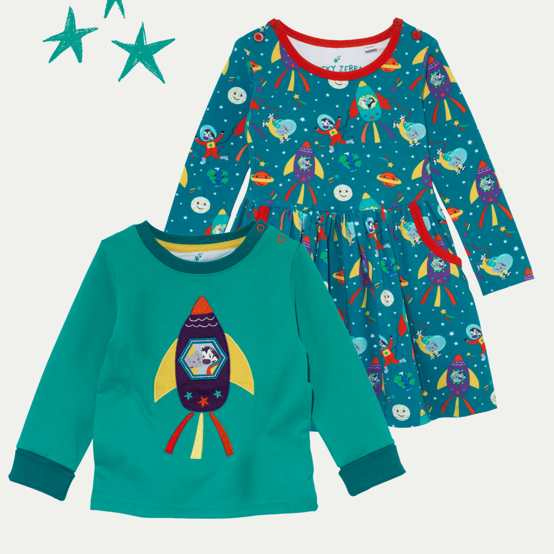 Children's space-themed shirt and dress with rocket design on a light gray background
