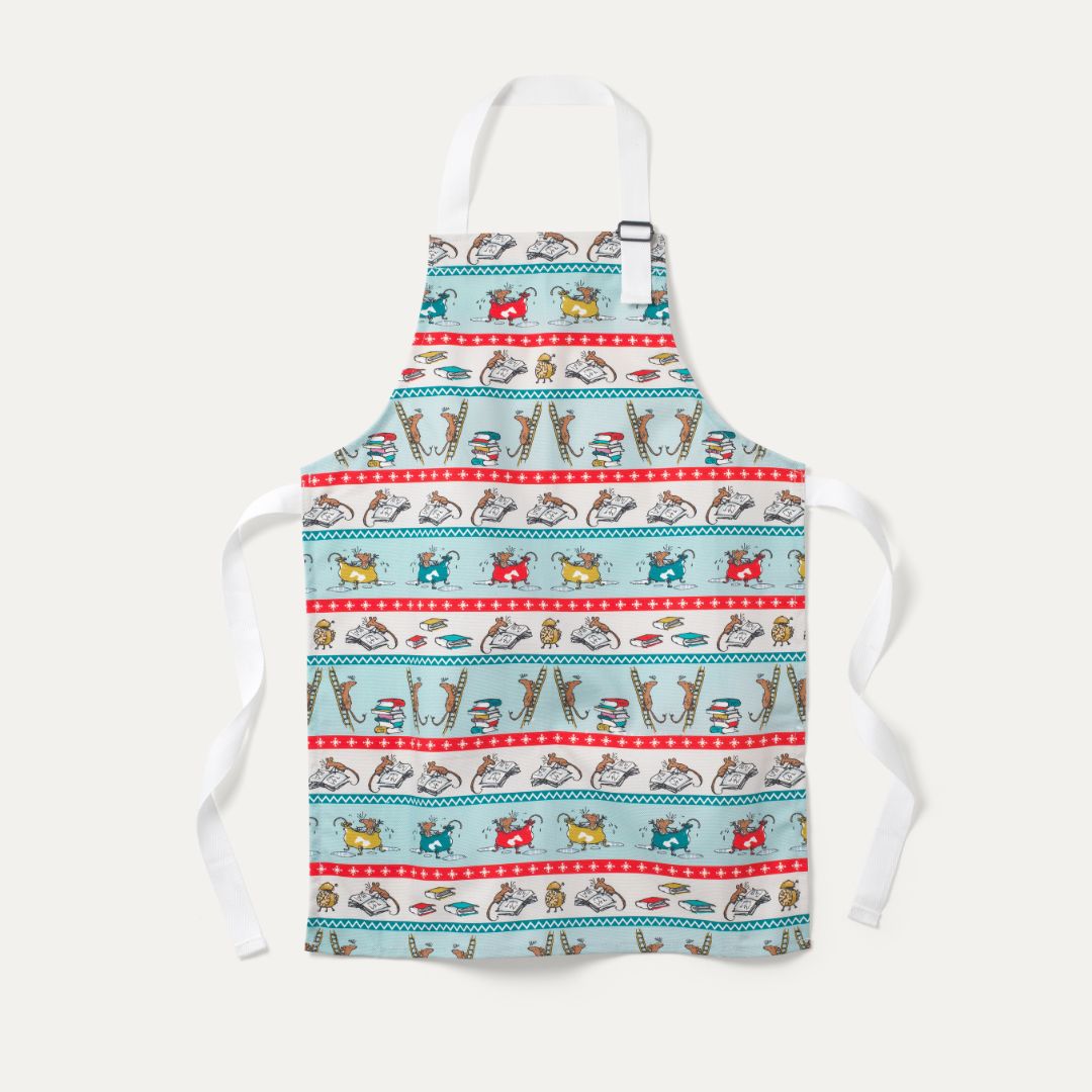 Children's apron with playful Roald Dahl mice splashing in a bath and reading a story. The apron has a Christmas feel