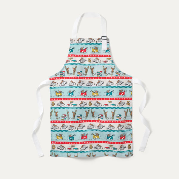 Children's apron with playful Roald Dahl mice splashing in a bath and reading a story. The apron has a Christmas feel