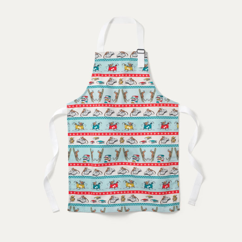 Children's apron with playful Roald Dahl mice splashing in a bath and reading a story. The apron has a Christmas feel