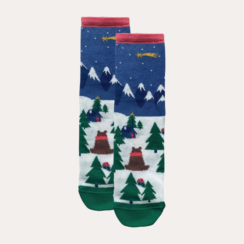 Pair o festive kids socks with a mountain scene, bear and shooting star