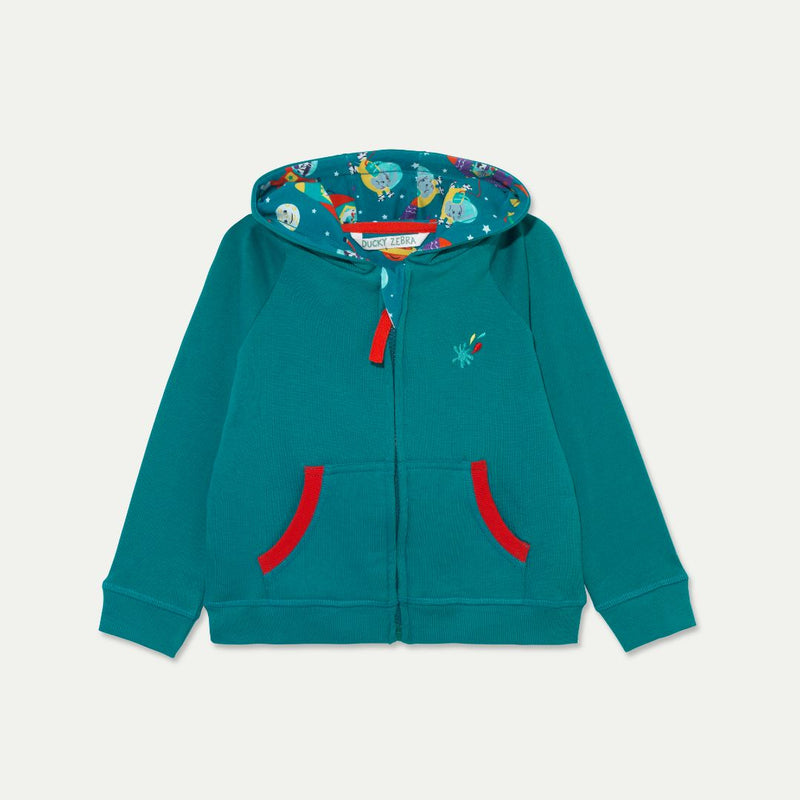 Ducky Zebra Teal Kids Hoody with red zipper and pockets. The hoody has a fun space print lining in the hood.