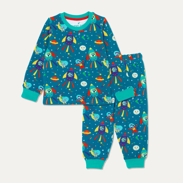 Image of kids' unisex pyjamas with a fun space themed print, showing an elephant, zebra, puffin and duck exploring space in space suits. The pyjamas have a teal background and turquoise roll-down cuffs on the arms and legs. 