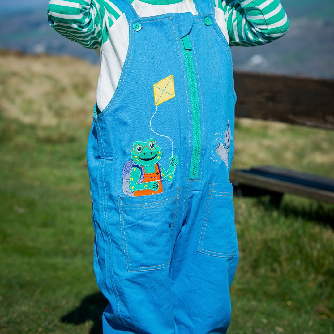A close up of a frog appliqué peaking out of a pocket on a pair of blue Ducky Zebra child dungarees