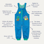 Image of unisex Kids' dungarees by Ducky Zebra with benefits listed, including zip and puller, two deep pockets, grow-with-me cuffs, adjustable button straps etc.