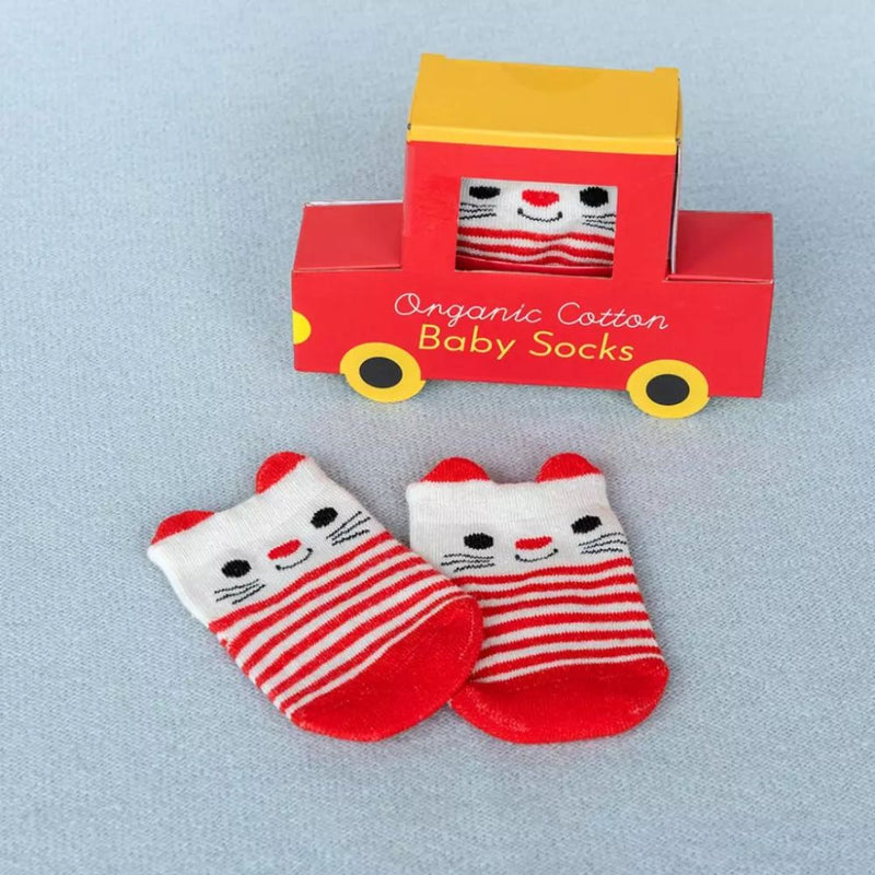 Red Cat Baby Socks and red car packaging