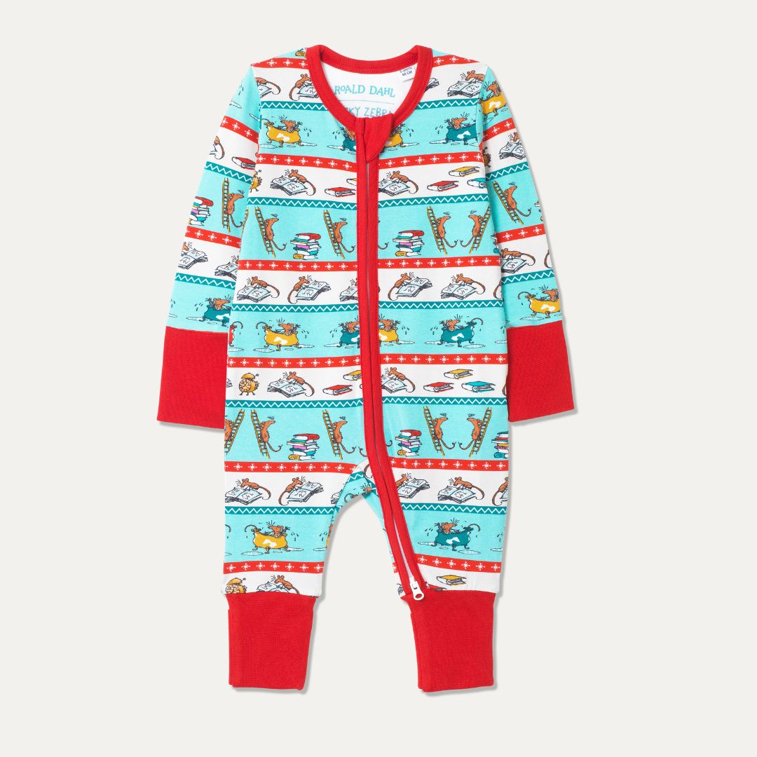 Festive baby sleepsuit with red trim, two way zip and fun Roald Dahl mouse print