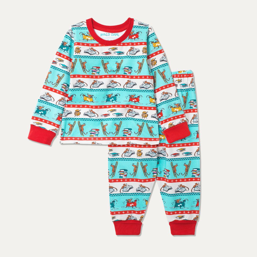 Kids Pyjamas with Roald Dahl's mice enjoying their bedtime routine. The red cuffs and trim give them a Christmas feel.