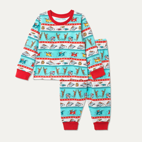 Kids Pyjamas with Roald Dahl's mice enjoying their bedtime routine. The red cuffs and trim give them a Christmas feel.