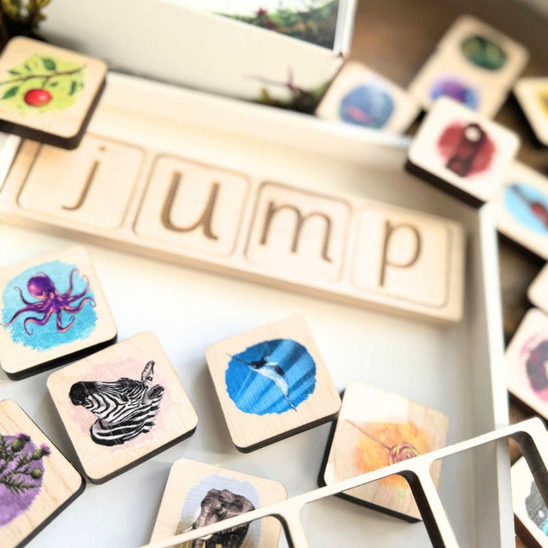 Wooden phonics tiles joined together to spell JUMP 