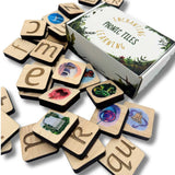 Phonics Wooden Tiles with beautiful illustrations and corresponding sounds scattered cross a table